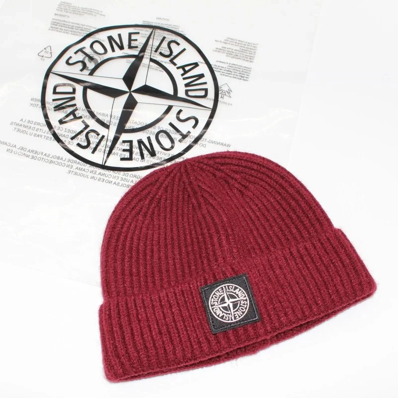 Stone Island Burgundy Ribbed Knit Beanie